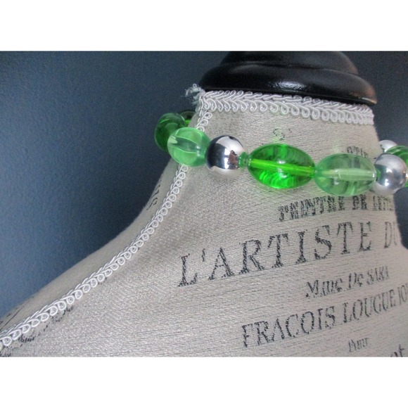 Vintage West Germany Lime Green and Silver Beaded Choker Necklace - Picture 8 of 10